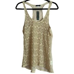Shine On You Gold Sheer Tank Top Lace Front Mesh Back M See Through